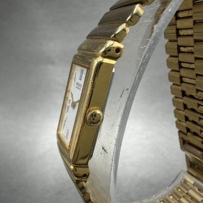 Seiko Tank Watch Women 13mm White Dial Gold Tone Rectangle 2E20-6759 New Batt YZ2