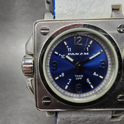 Panam Dual Time Watch Men 56mm Blue Dial Silver Tone Rectangle New Battery3