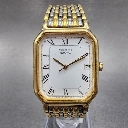 Seiko Tank Watch 26mm Men White Dial Two Tone Date 7n22-5011 New Battery