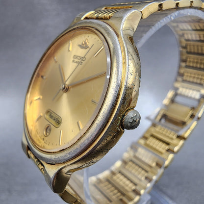 Seiko Watch Men 33mm Gold Dial Gold Tone Daydate Round 5Y236090 New Battery2