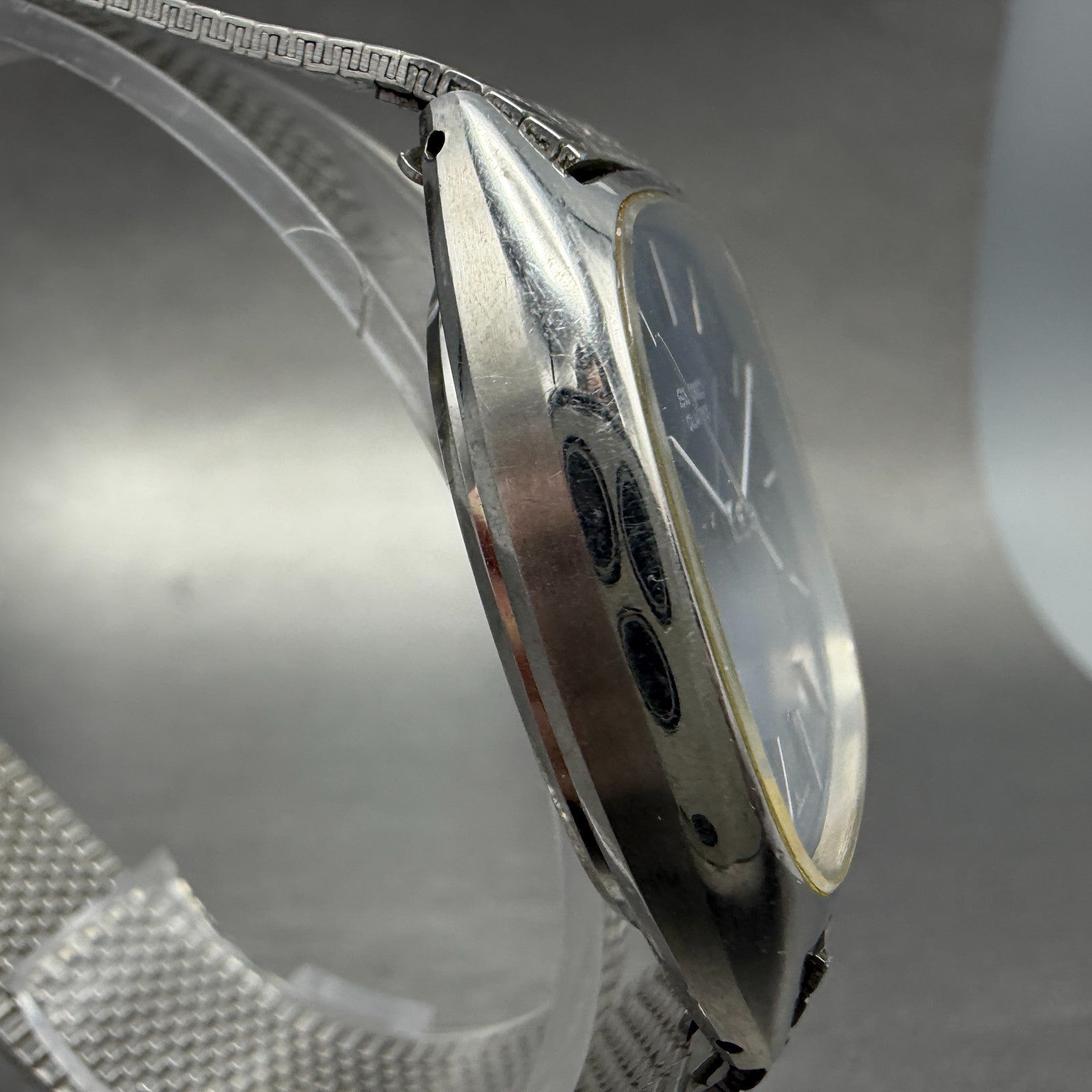 Seiko Watch Men 32mm Blue Dial Silver Tone Rectangle 4100-5069 New Battery VTG3