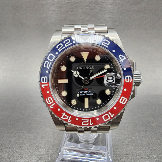 Cronos Pepsi GMT Watch Men 41mm Black Dial Steel Date Automatic Round Runs