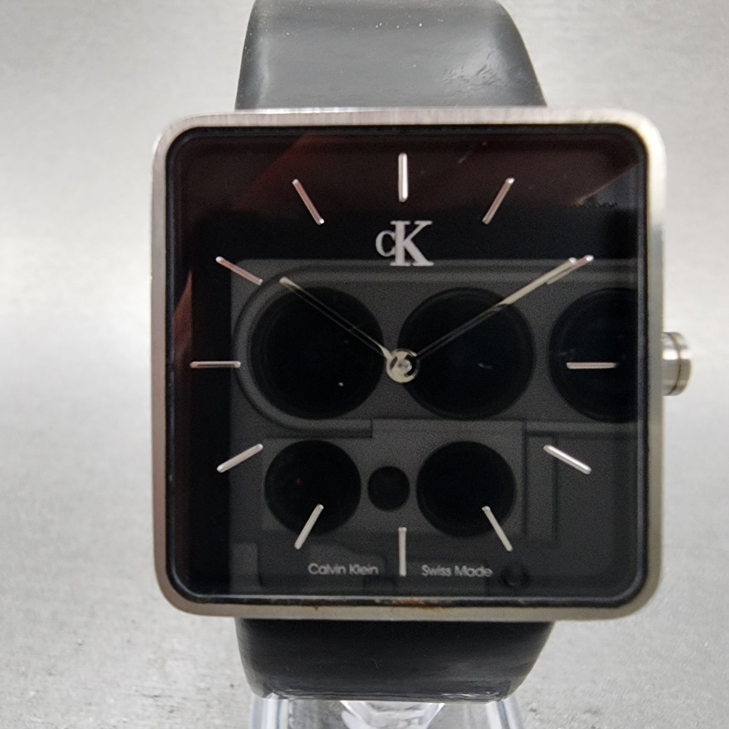 Calvin Klein Watch Women 30mm Black Dial Silver Tone Square Leather New Battery1