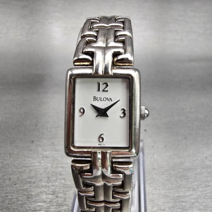 Bulova Watch Women 16mm White Dial Silver Tone Rectangle New Battery Vintage0