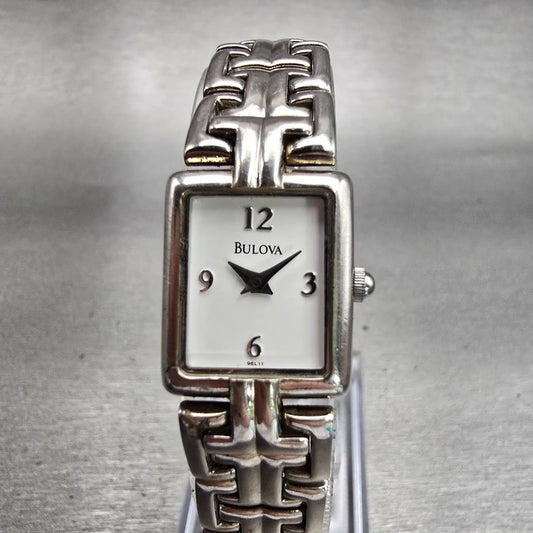 Bulova Watch Women 16mm White Dial Silver Tone Rectangle New Battery Vintage0