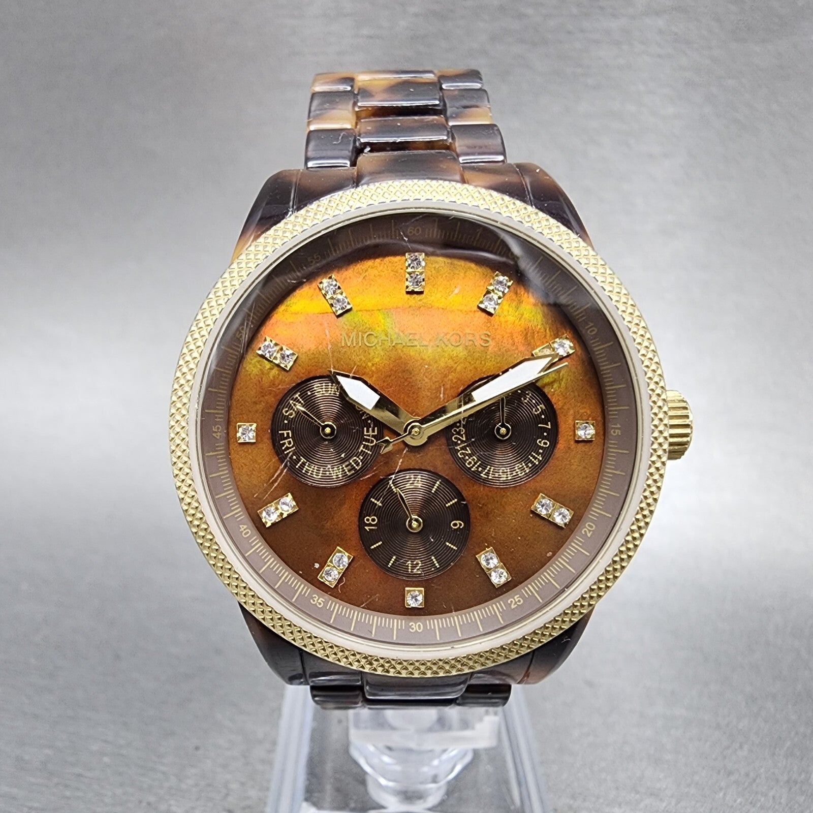 Michael Kors Jet Set Watch Women 37mm Brown MOP Dial Tortoise MK5038 New Batt0