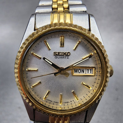 Seiko Watch Women 24mm White Dial Two Tone Daydate Round 7N830049 New Batt AB121