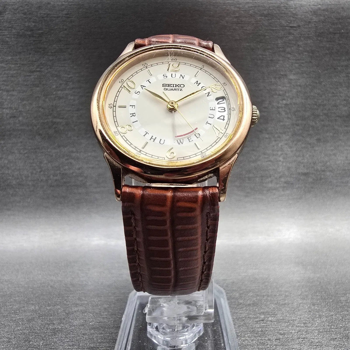 Seiko Watch Men 32mm Ivory Dial Gold Tone Daydate Round 6F26-6009 New Battery5