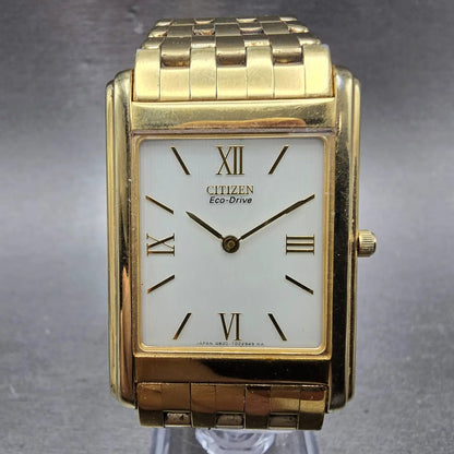 Citizen Eco-Drive Tank Watch Men 28mm White Dial Gold Tone G820-T001688 Runs UKl0