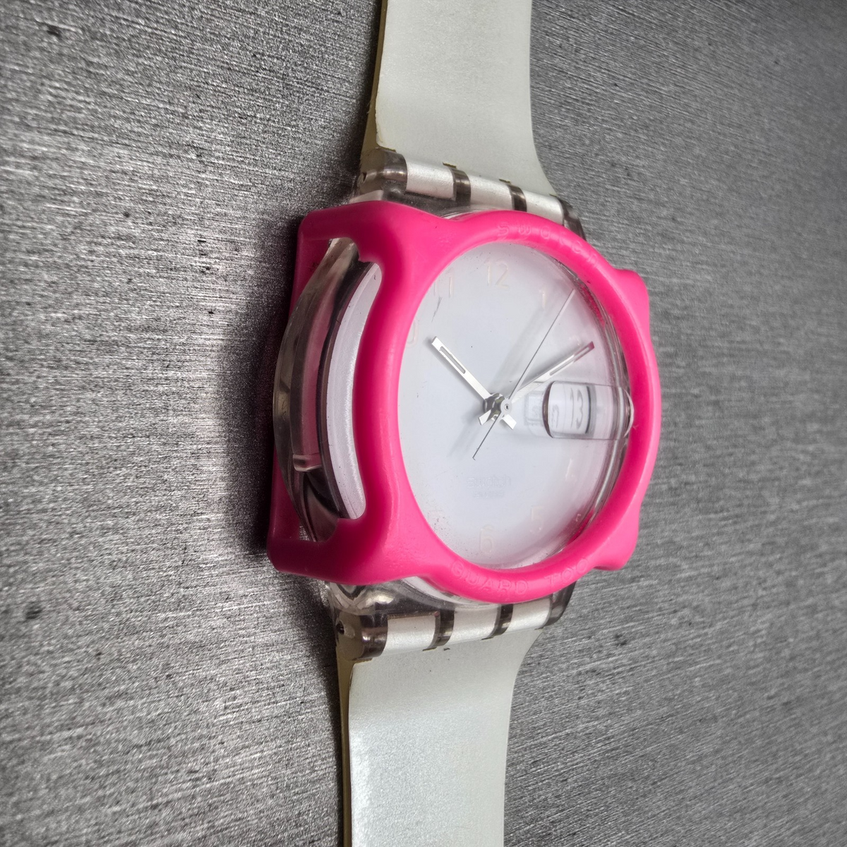 Swatch Snowcovered Watch Men 34mm White Dial Clear Case Daydate GK733 New Batt5