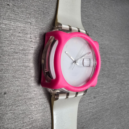 Swatch Snowcovered Watch Men 34mm White Dial Clear Case Daydate GK733 New Batt5