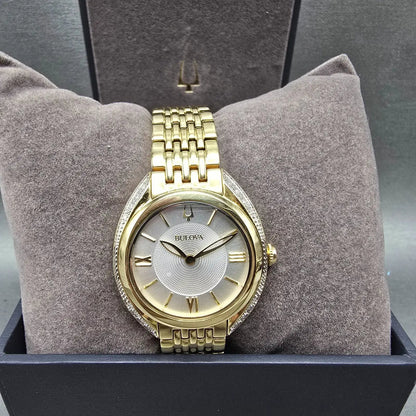 Bulova Watch Women 30mm White Dial Gold Tone Round 98R298 Crystal Bezel Works0