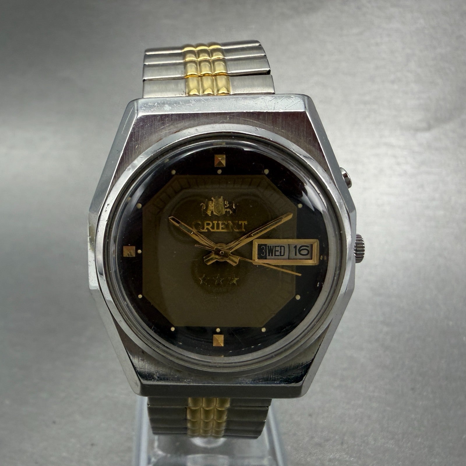 Orient Tri Star Watch Men 36mm Brown Dial Silver Tone Daydate Round Automat Runs0