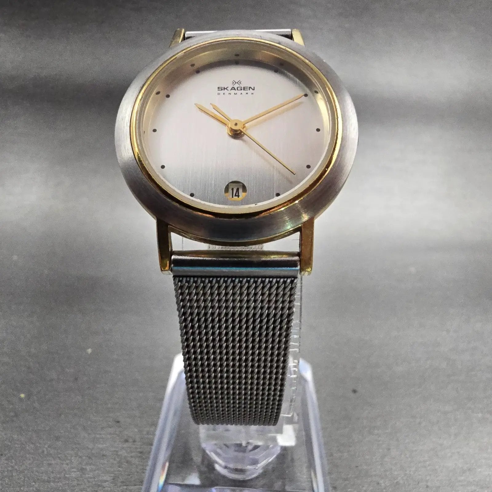 Skagen Denmark Watch Women 28mm Silver Dial Two Tone Date Round 16SGS New Batt5