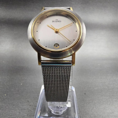 Skagen Denmark Watch Women 28mm Silver Dial Two Tone Date Round 16SGS New Batt5