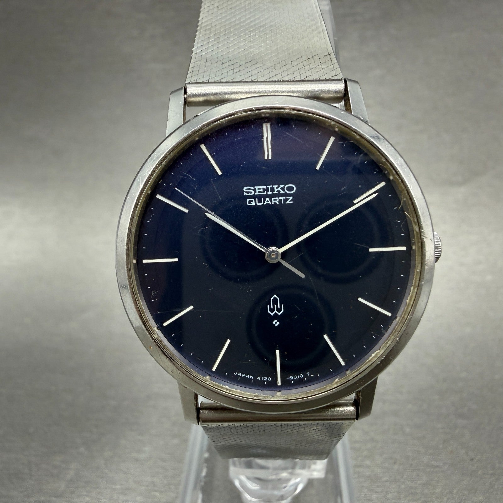 Seiko Watch Men 34mm Blue Dial Silver Tone Round 4120-9010 New Battery Vintage0