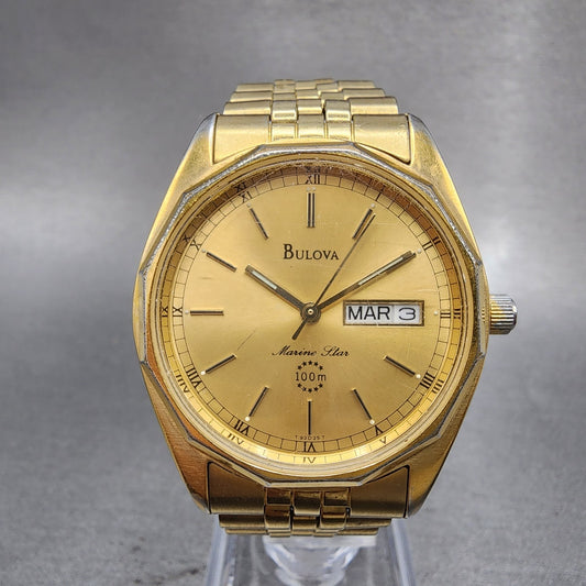 Bulova Marine Star Watch Men 35mm Gold Dial Gold Tone Date Round New Battery0