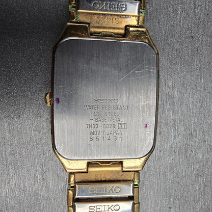 Seiko Watch Men 28mm Gold Dial Gold Tone Daydate Rectangle 7N33-5028 New Batt JP10