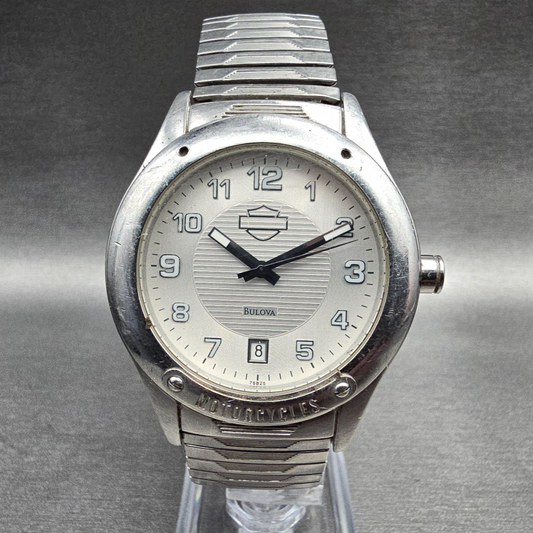 Bulova Harley Davidson Watch Men 40mm Silver Dial Silver Tone Date 76B25 New Bat0