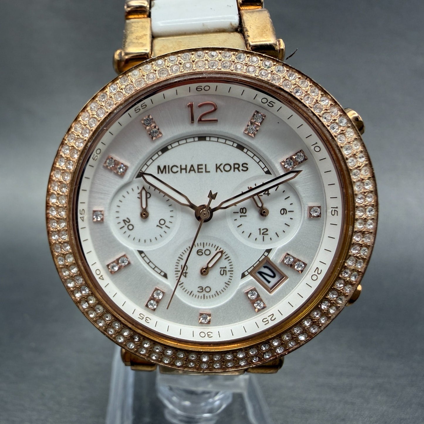 Michael Kors Parker Watch Women 39mm White Dial Rose Gold Tone Date New Battery0