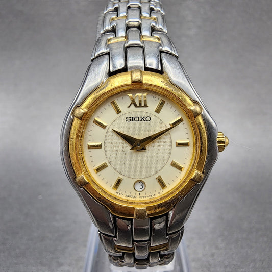 Seiko Watch Women 26mm Champagne Dial Two Tone Date V789-0369 New Battery