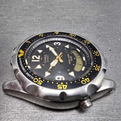 Casio AD-520 Smiley Watch Men 43mm Black Dial Silver Tone Ani Digi New Battery Q3