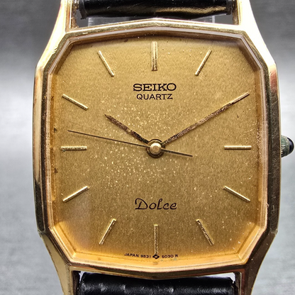 Seiko Dolce Watch Men 27mm Gold Dial Gold Tone Rectangle 5931-5030 New Battery1