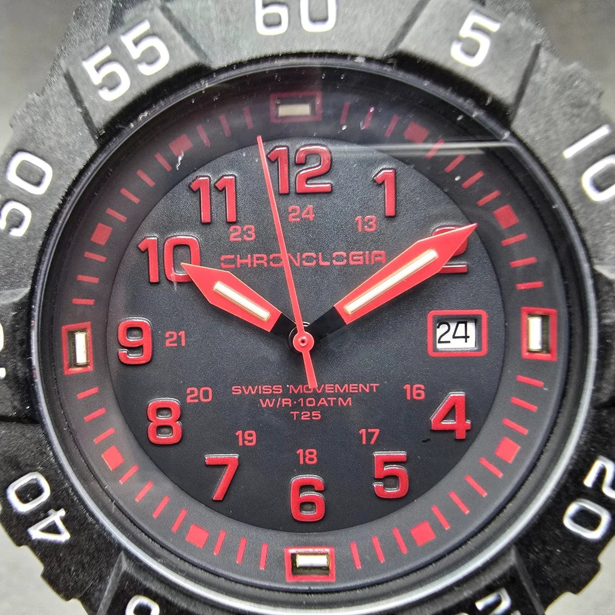 Chronologia Watch Men 45mm Black Dial Black Red Date Round New Battery1