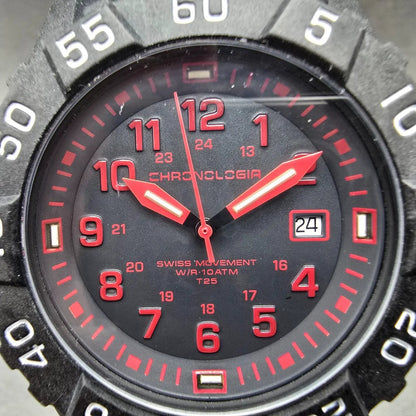 Chronologia Watch Men 45mm Black Dial Black Red Date Round New Battery1