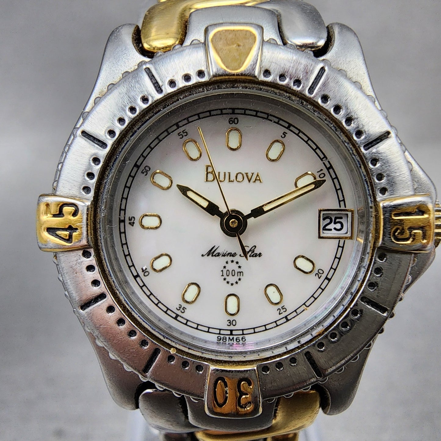 Bulova Marine Star Dive Watch Women 25mm MOP Dial Two Tone Date Round New batt1