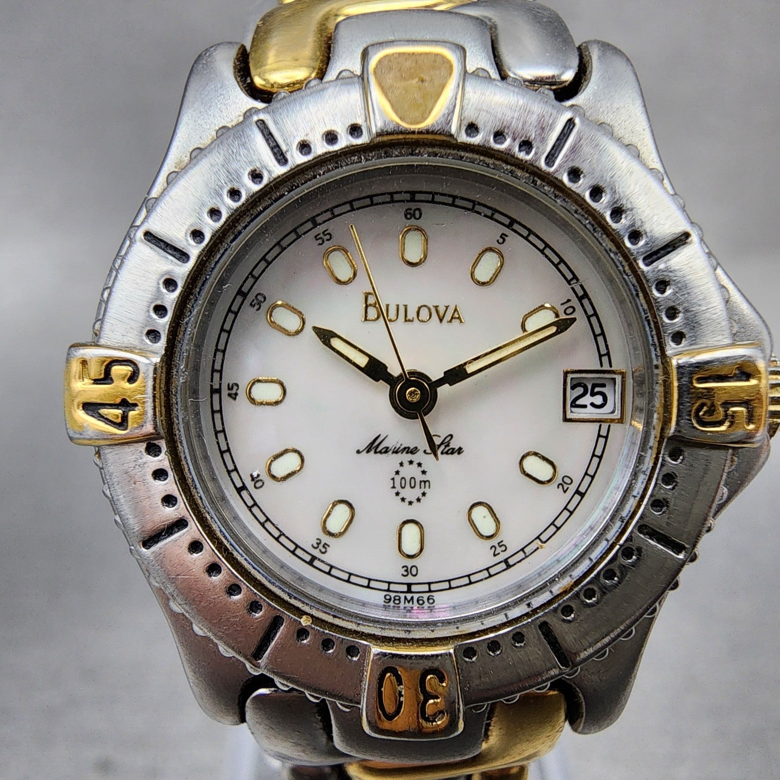 Bulova Marine Star Dive Watch Women 25mm MOP Dial Two Tone Date Round New batt1