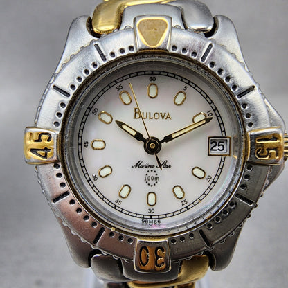 Bulova Marine Star Dive Watch Women 25mm MOP Dial Two Tone Date Round New batt1