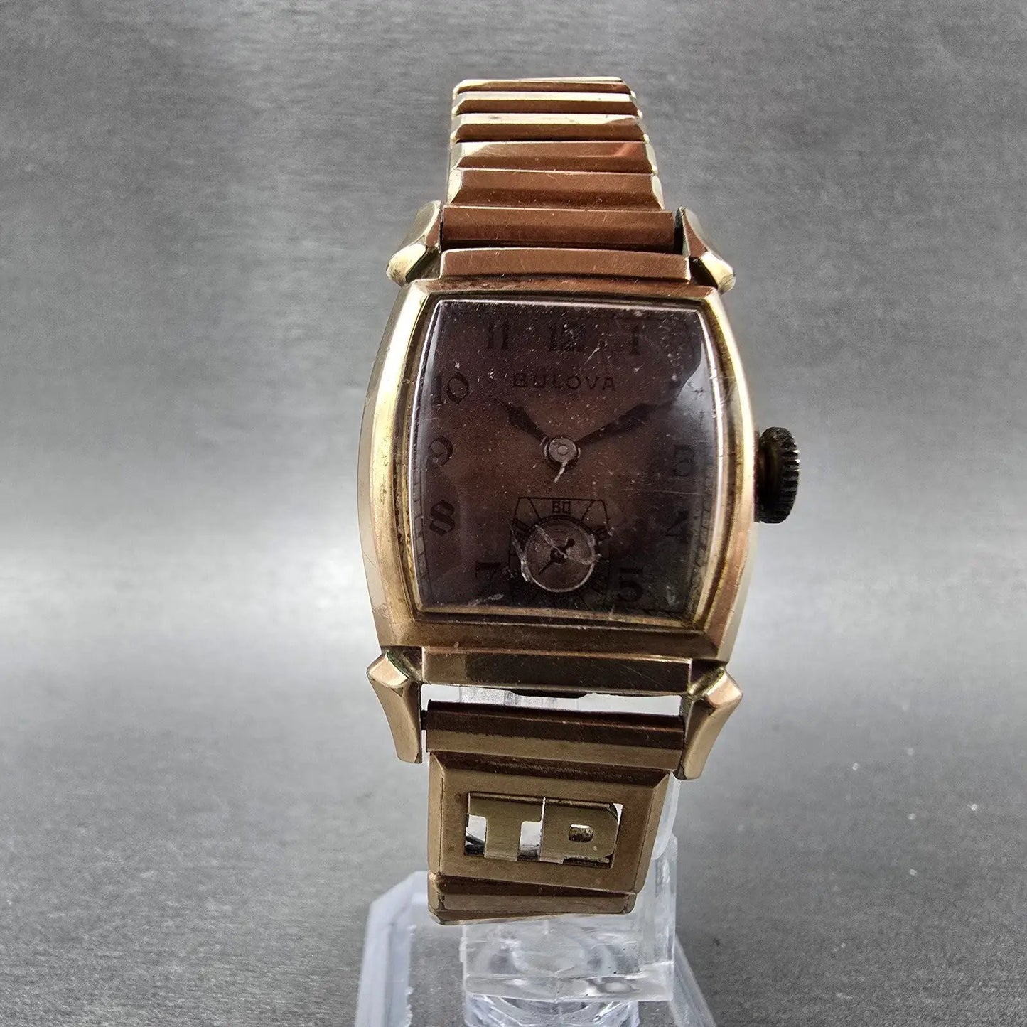 Bulova Watch Men 25mm Brown Dial Rose Gold Tone Rectangle Manual Wind PARTS6