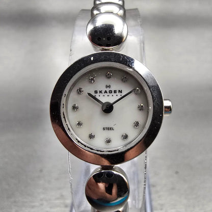 Skagen Watch Women 18mm MOP Dial Silver Tone Round 107SXXXS New Battery0