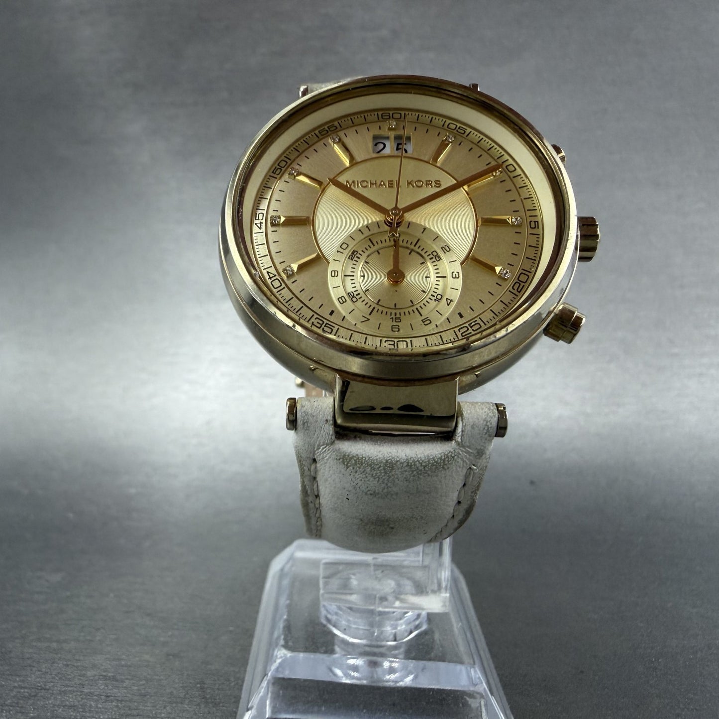 Michael kors Sawyer Watch Women 38mm Gold Dial Gold Tone Date Chrono New Batt5