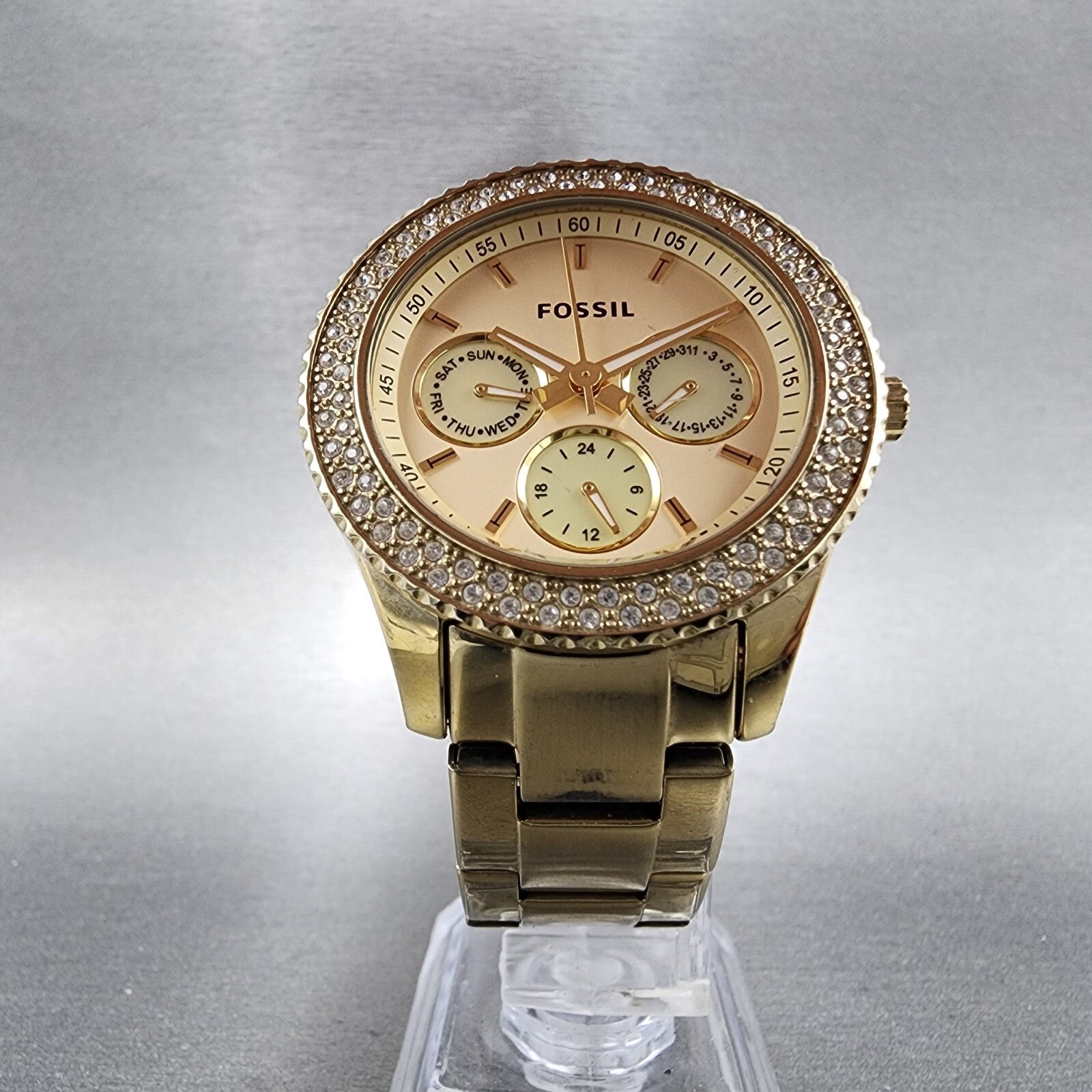 Fossil Stella Glitz Watch Women 37mm Champagne Dial Gold Tone Daydate New Batt5
