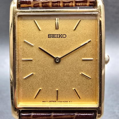 Seiko Tank Watch Men 25mm Gold Dial Gold Tone Rectangle V700-5K30 New Battery JP1