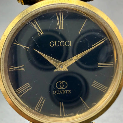 Gucci 2000M Watch Men 30mm Black Dial Gold Plated Leather Round New Battery VTG21