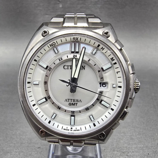 Citizen Eco-Drive Attesa GMT Watch Men 44mm White Dial Titanium Atomic Date READ0