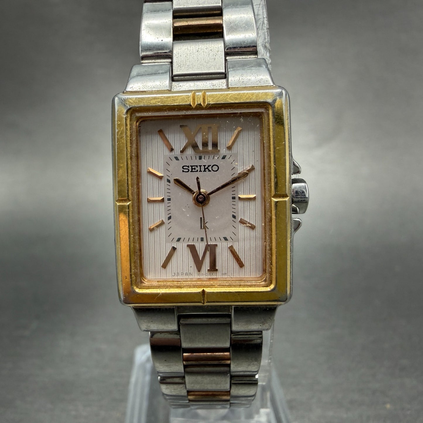 Seiko Solar Tank Watch Women 18mm White Dial Two Tone Rectangle Lukia Runs JN70