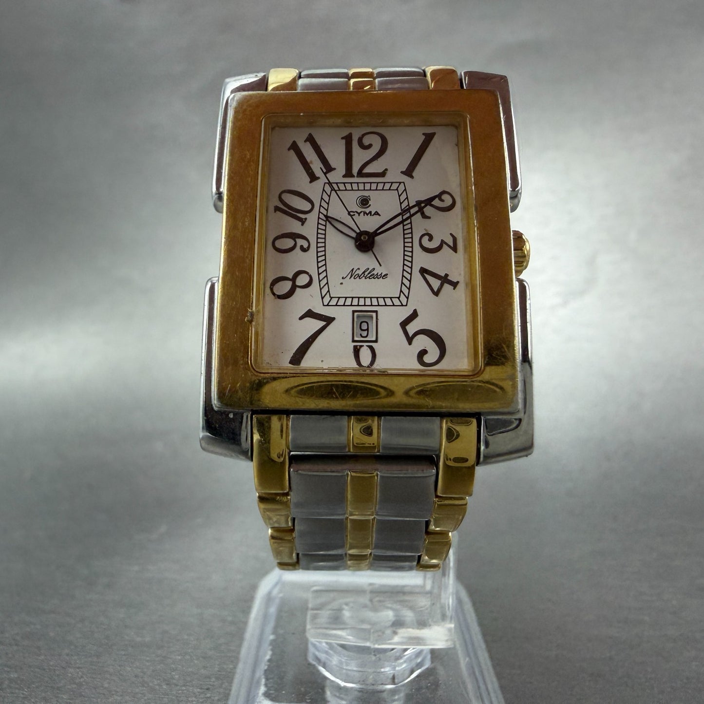 Cyma Noblesse Tank Watch Men 28mm White Dial Two Tone Date 525 PARTS5