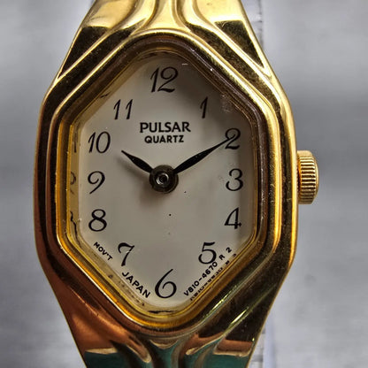 Seiko Pulsar Watch Women 16mm White Dial Gold Tone Oval V810-6370 New Battery1