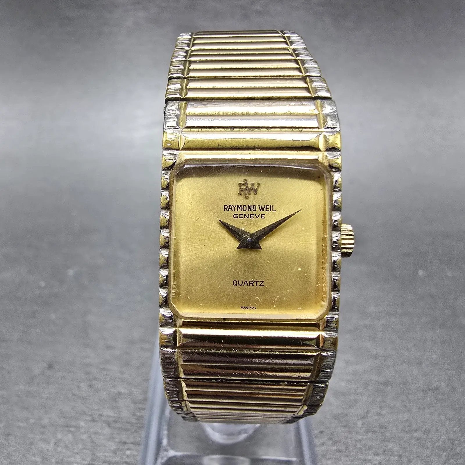 Raymond Weil Tank Watch Women 18mm Gold Dial Two Tone Gold Plated 8057 New Batt0