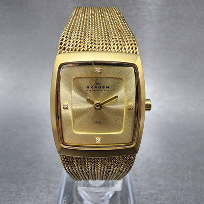 Skagen Tank Watch Women 22mm Champagne Dial Gold Tone Rectangle New Battery0
