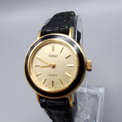 VTG Pulsar Watch Women Gold Tone Round 22mm Leather Band Y480-0540 New Battery