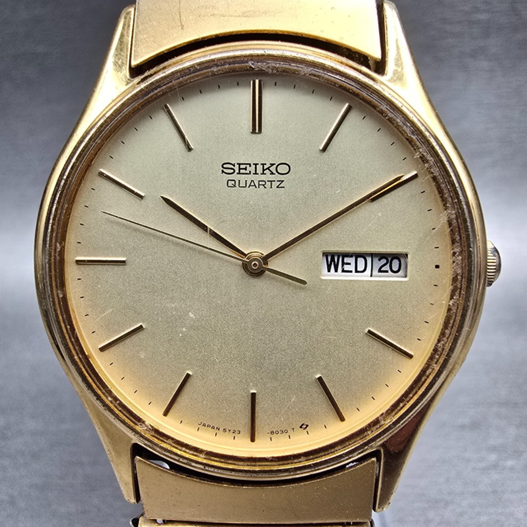Seiko Watch Men 34mm Champagne Dial Gold Tone Daydate Round 5Y23-8039 New Batt891