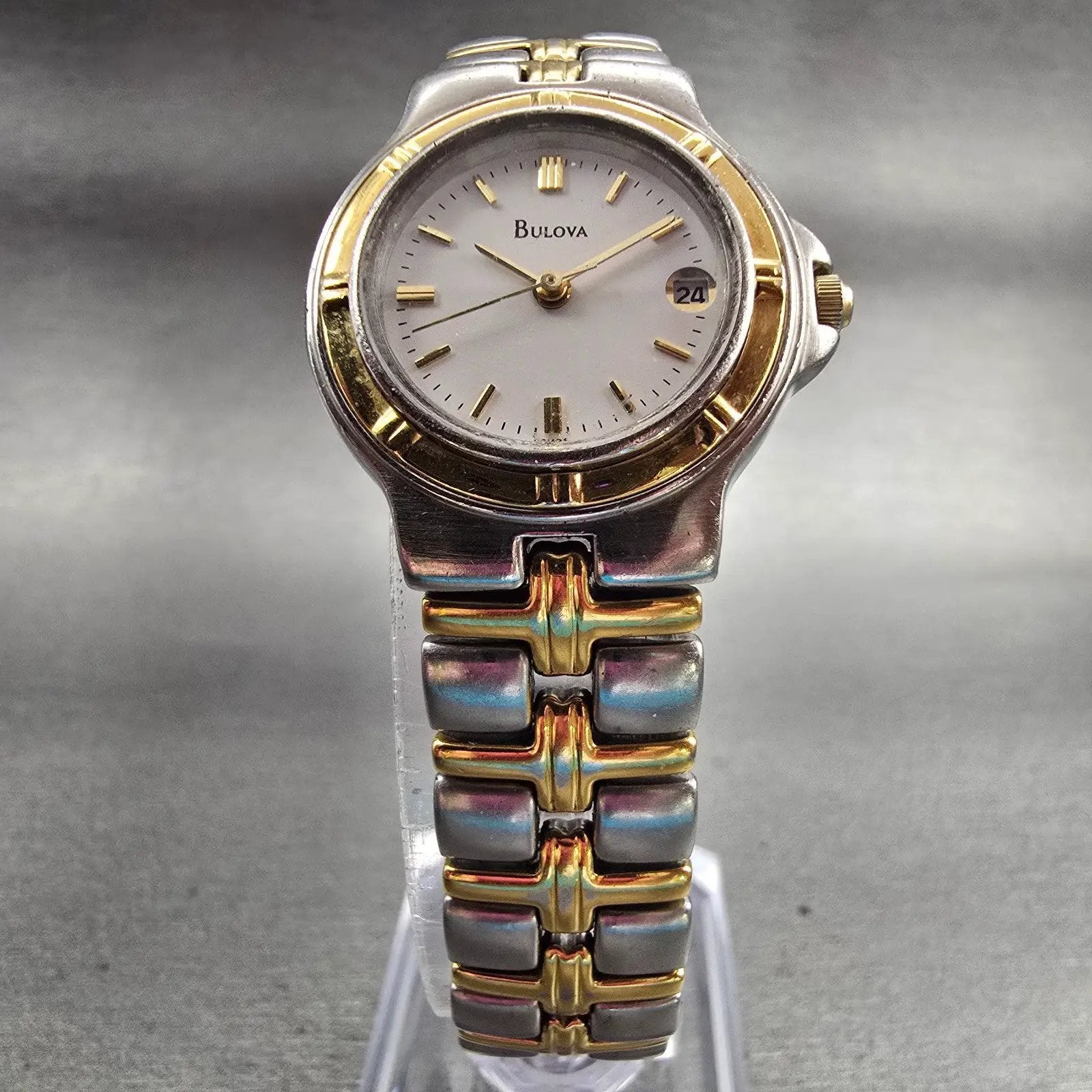 Bulova Watch Women 25mm White Dial Two Tone Date Round New Battery 98M36 Vintage5