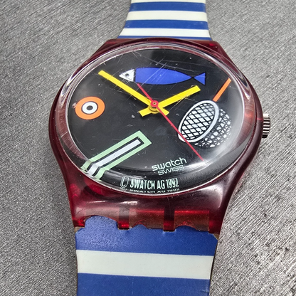 Swatch Fritto Misto Watch Men 34mm Black Dial Red Case Round GR114 New Battery6