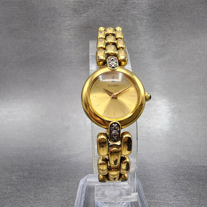 Seiko Watch Women 20mm Gold Dial Gold Tone Diamond Round 1N00-1C99 New Batt VTG