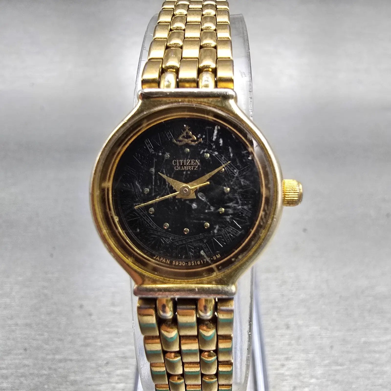 Citizen Watch Women 20mm Black Dial Gold Tone Round 5930-S16806 New Battery VTG0